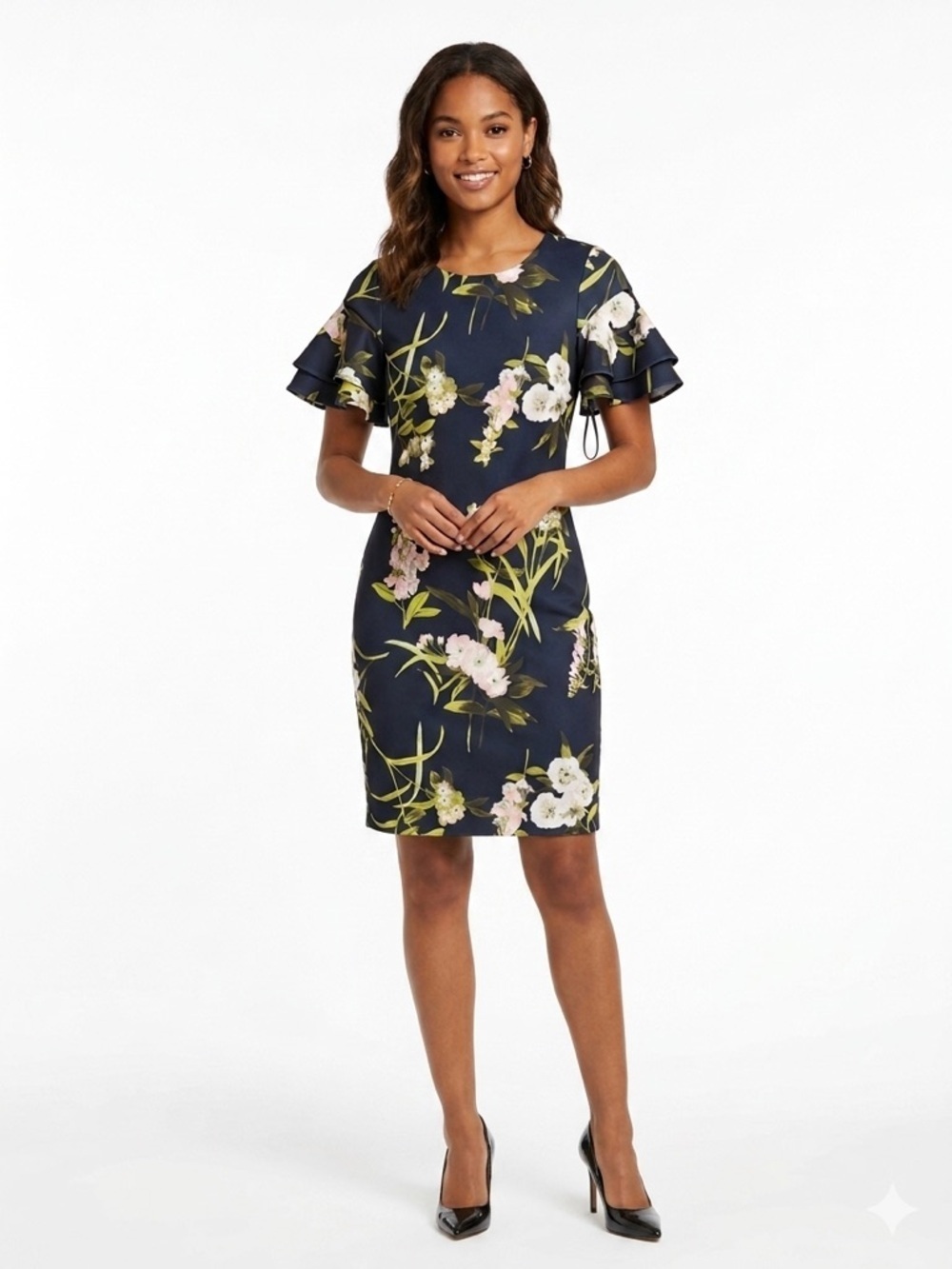 Tommy Hilfiger Floral Sheath Dress Sz 4 Navy Ruffle Sleeve Career Wedding Guest
